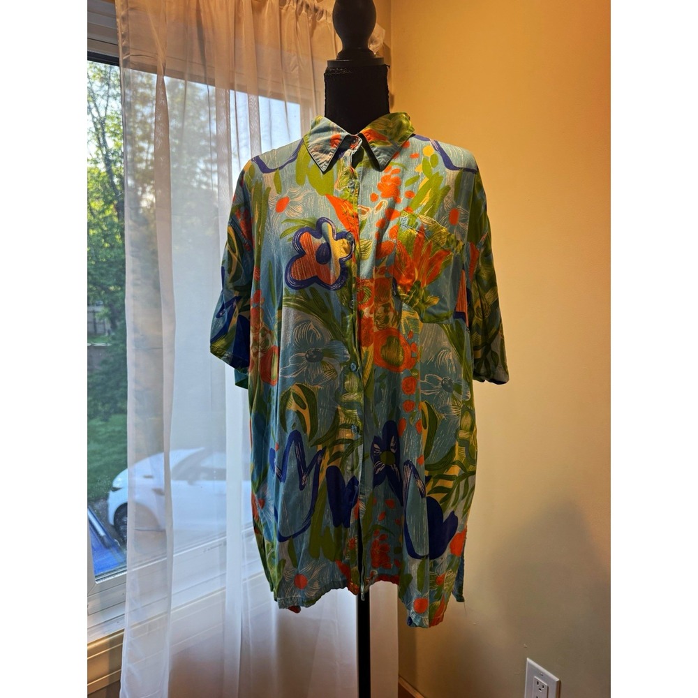 Carolina Colours Blues Floral Multicolor Rayon Button-Front Collared Blouse 20W